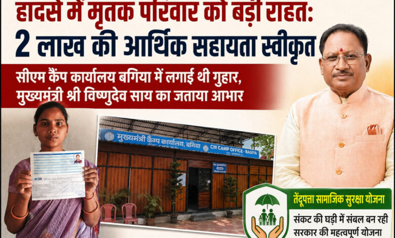 हादसे में मृतक परिवार को मिली बड़ी राहत: 2 लाख रुपए की सहायता स्वीकृत, सीएम कैंप कार्यालय बगिया में आवेदन के बाद त्वरित कार्रवाई….
